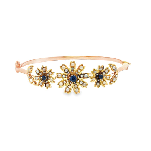 Victorian Seed Pearl and Sapphire Floral Design Hinged Bracelet