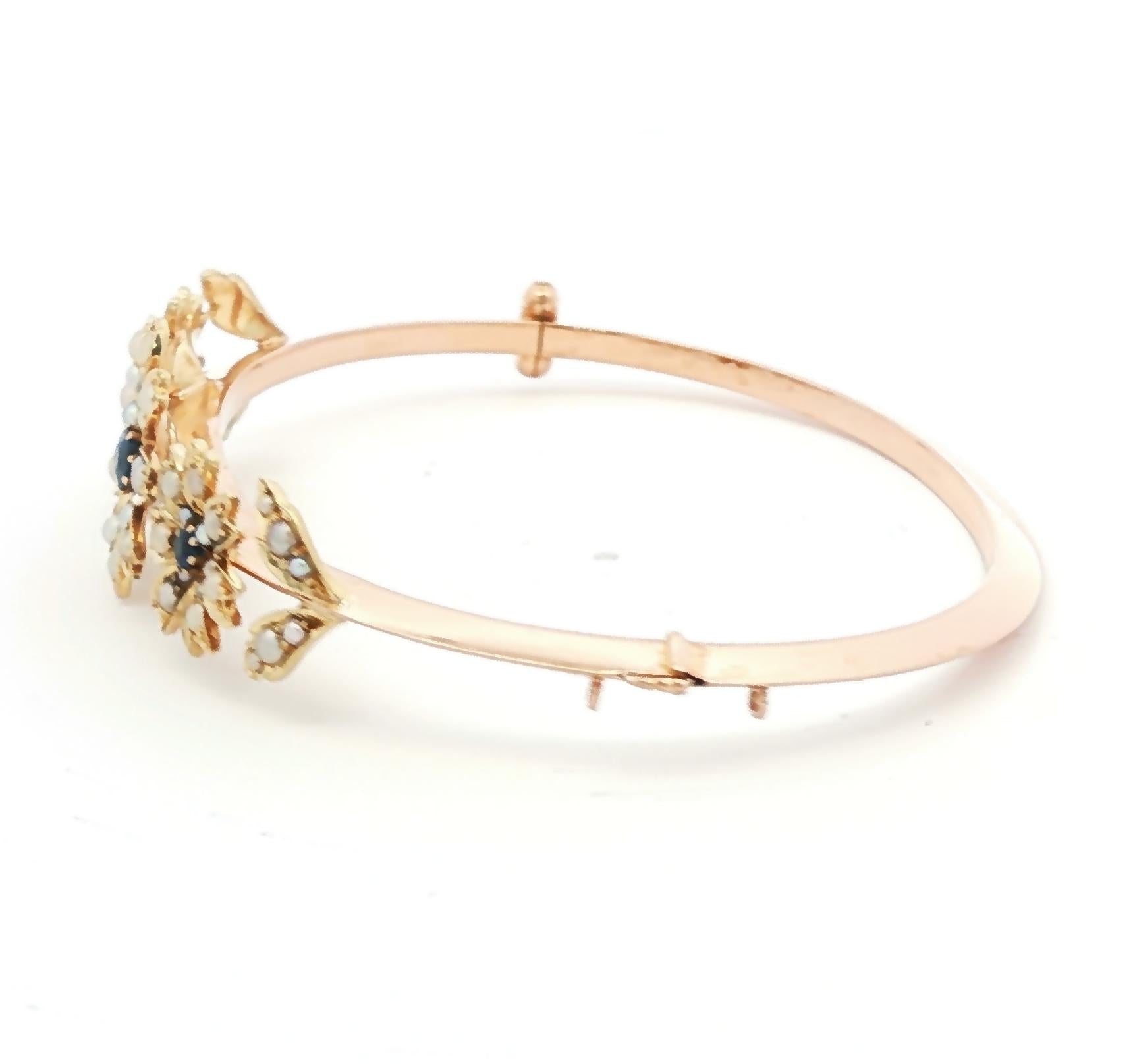 Victorian Seed Pearl and Sapphire Floral Design Hinged Bracelet
