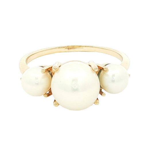14k yellow gold 3 cultured pearl prong set ring