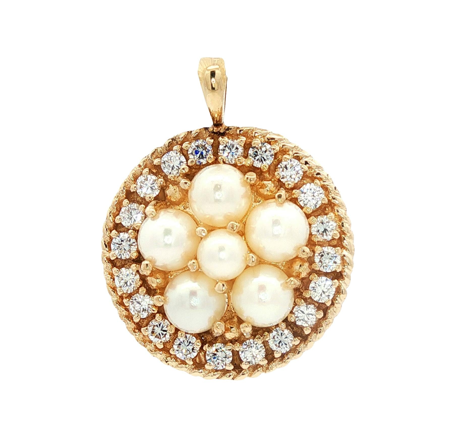 Vintage Cultured Pearl and Diamond Disc Pendant