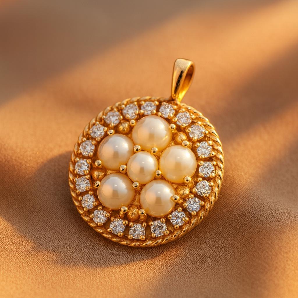 Vintage Cultured Pearl and Diamond Disc Pendant