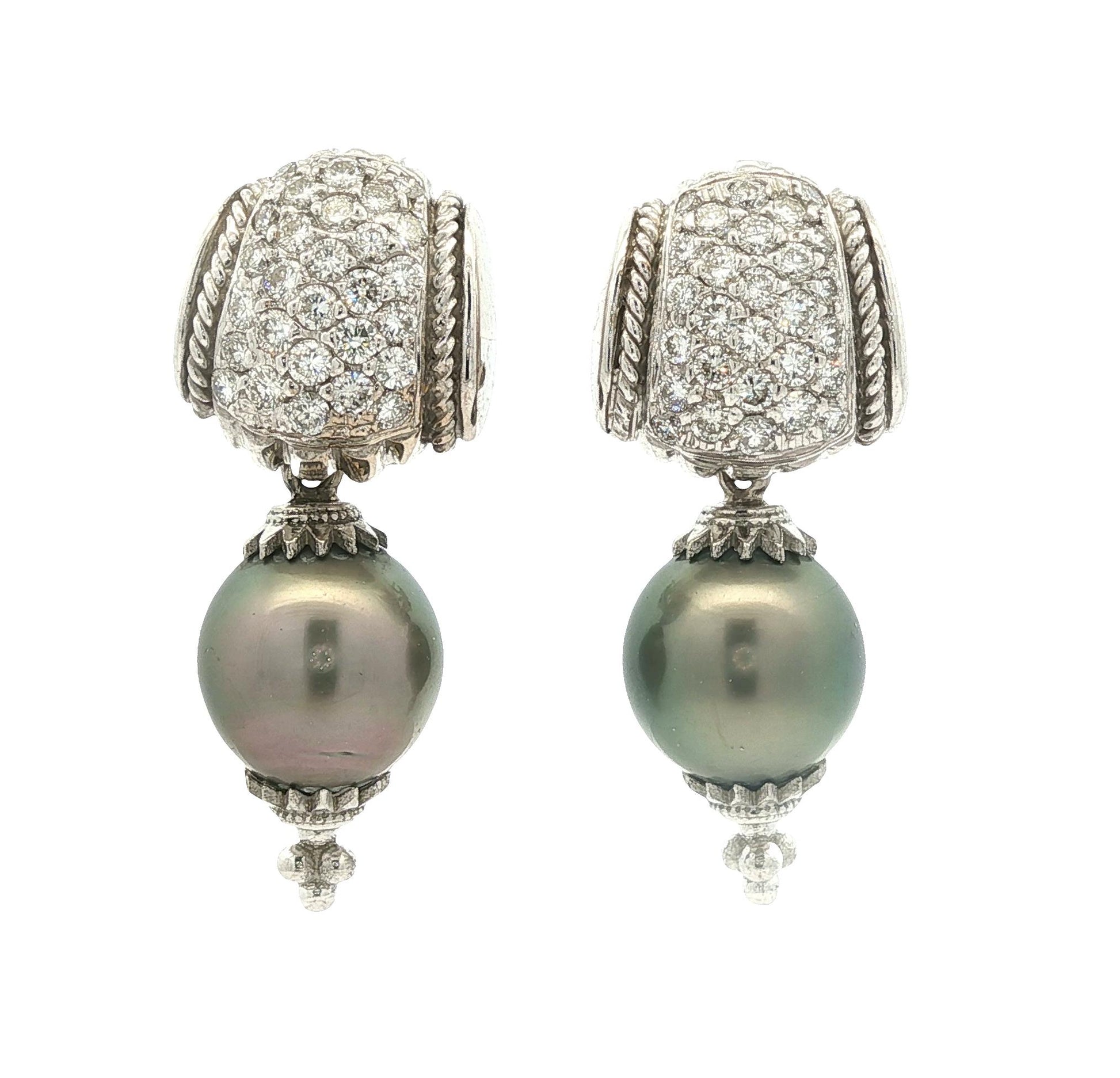 Vintage 18k White Gold 58 Diamonds with 14k Tahitian Grey South Sea Drops