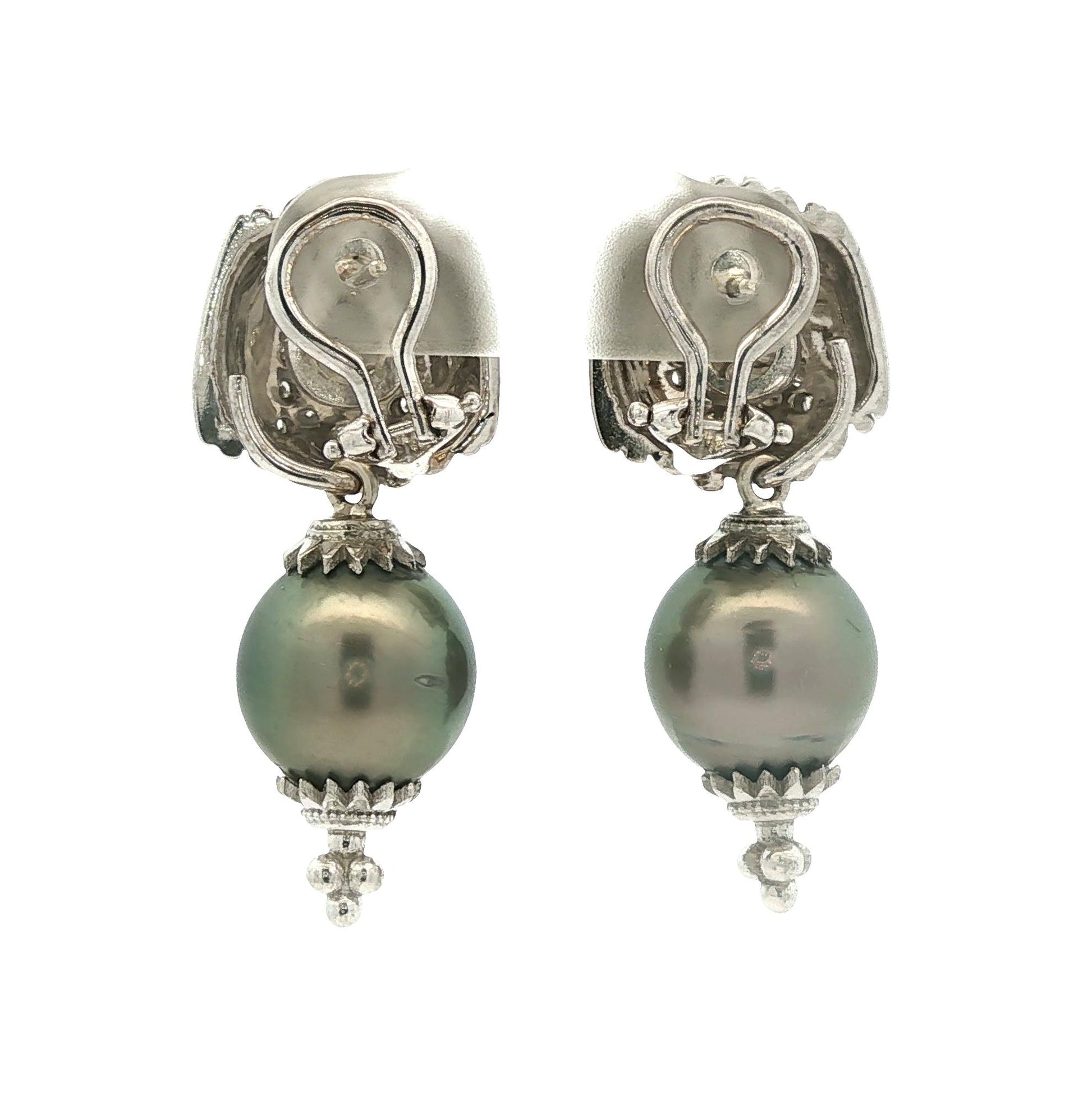 Vintage 18k White Gold 58 Diamonds with 14k Tahitian Grey South Sea Drops