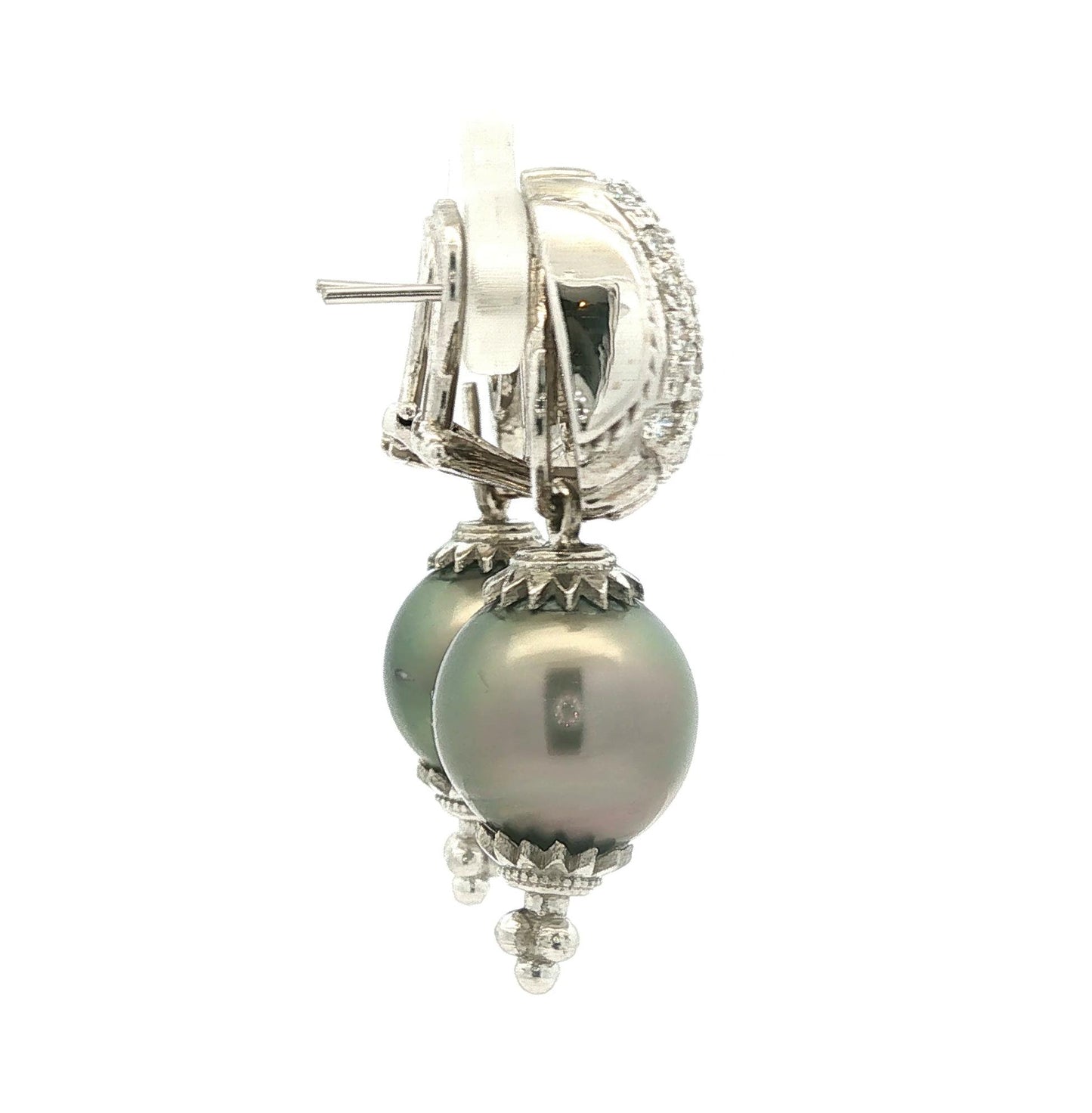 Vintage 18k White Gold 58 Diamonds with 14k Tahitian Grey South Sea Drops