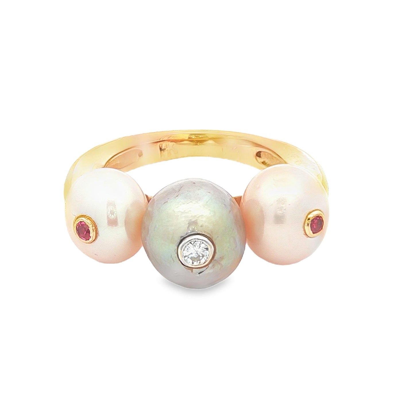 14k yellow gold Grey and White Freshwater Pearl Ring with Rubies and a Diamond