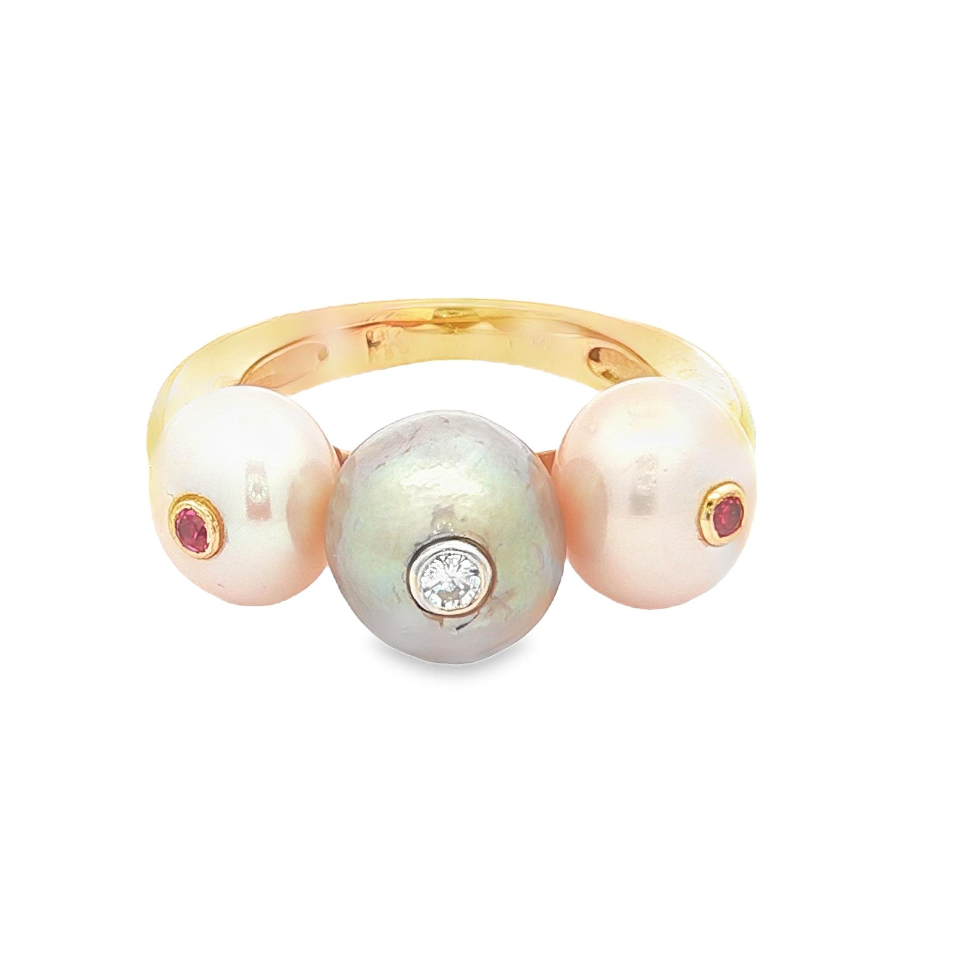 14k yellow gold Grey and White Freshwater Pearl Ring with Rubies and a Diamond