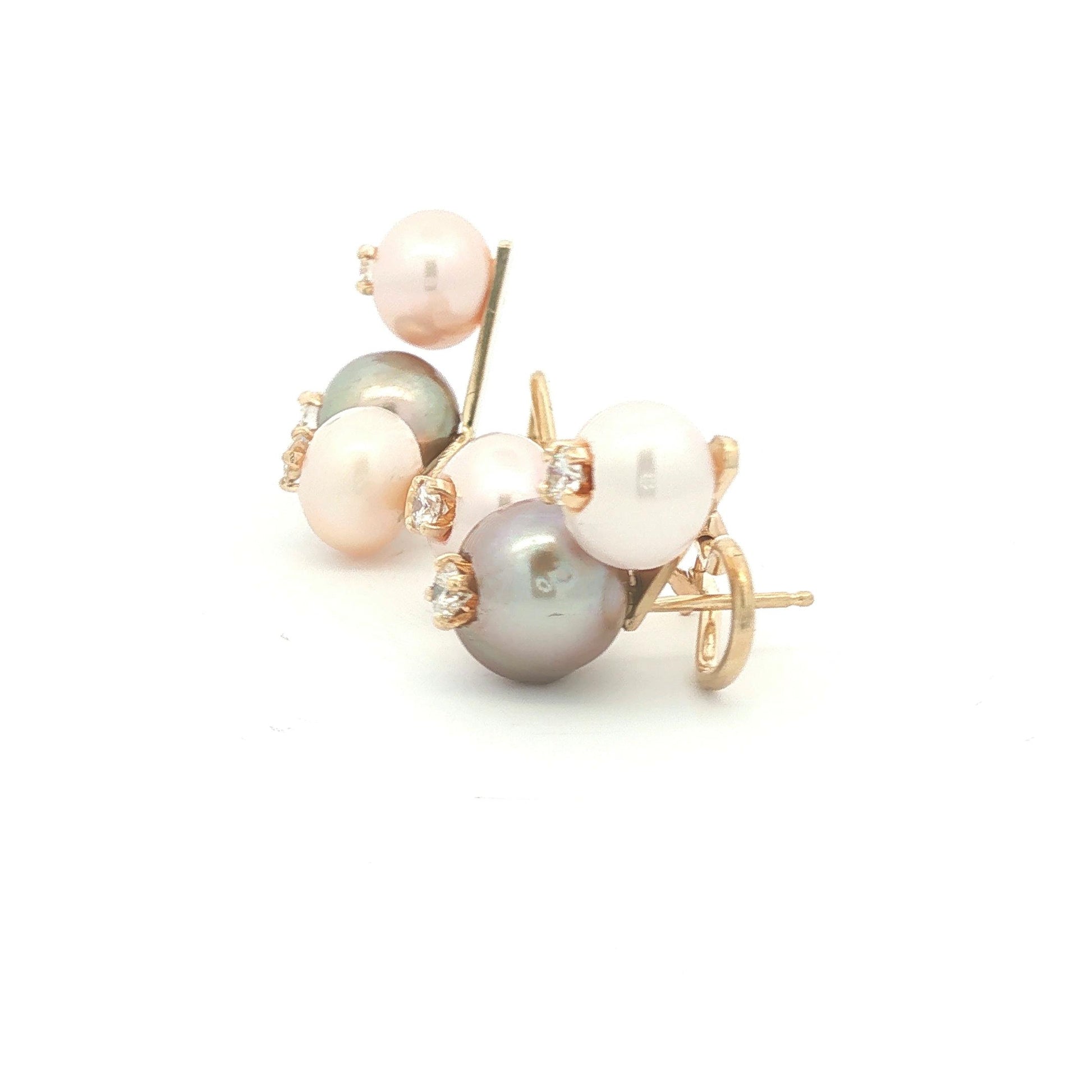 14k yellow gold Gray and White Freshwater Pearl and Diamond Curved Earrings