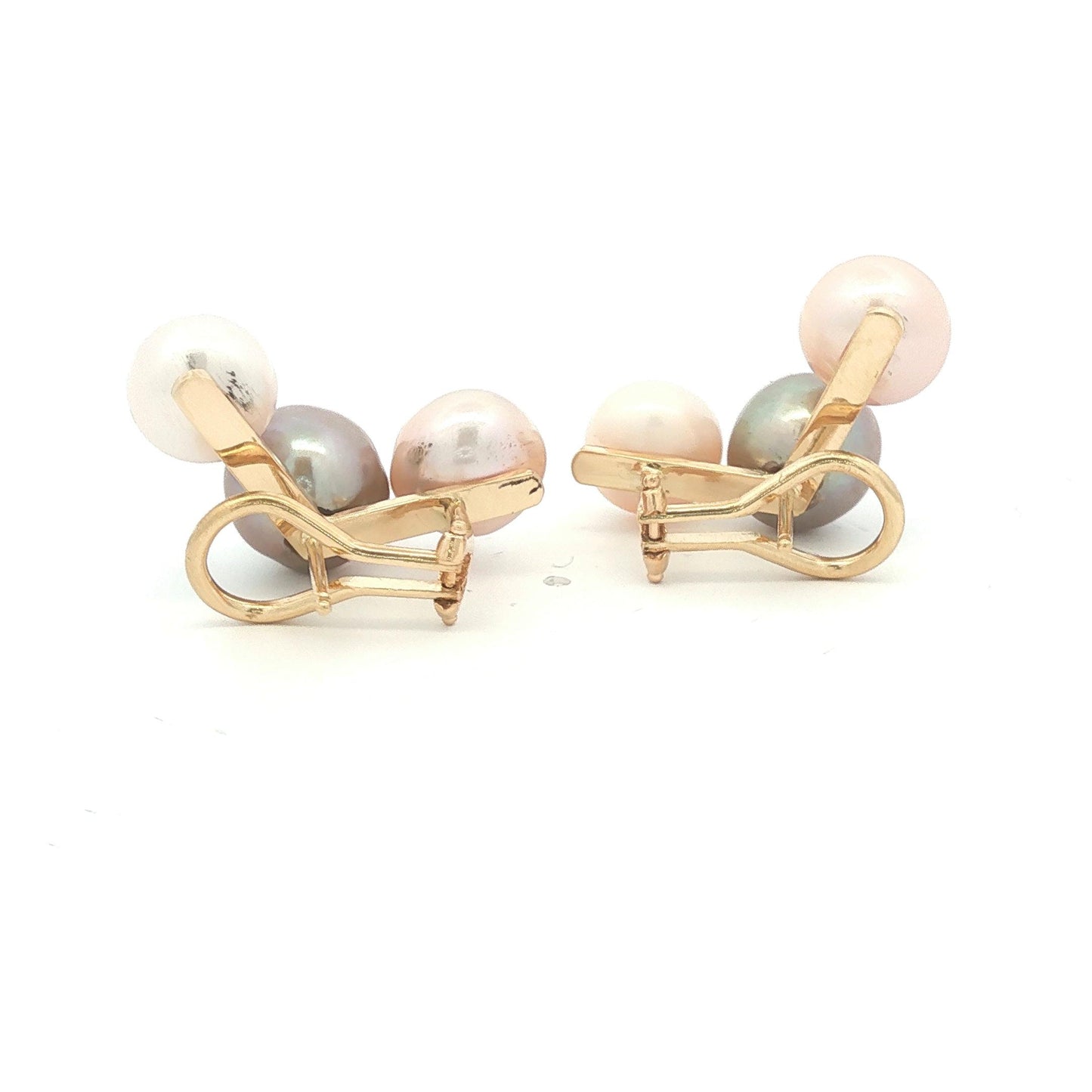 14k yellow gold Gray and White Freshwater Pearl and Diamond Curved Earrings