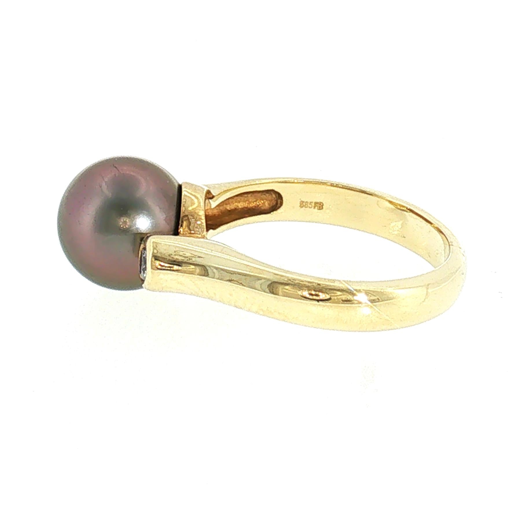 Late 20th Century 9.6mm Tahitian Cultured Pearl and Diamond Ring