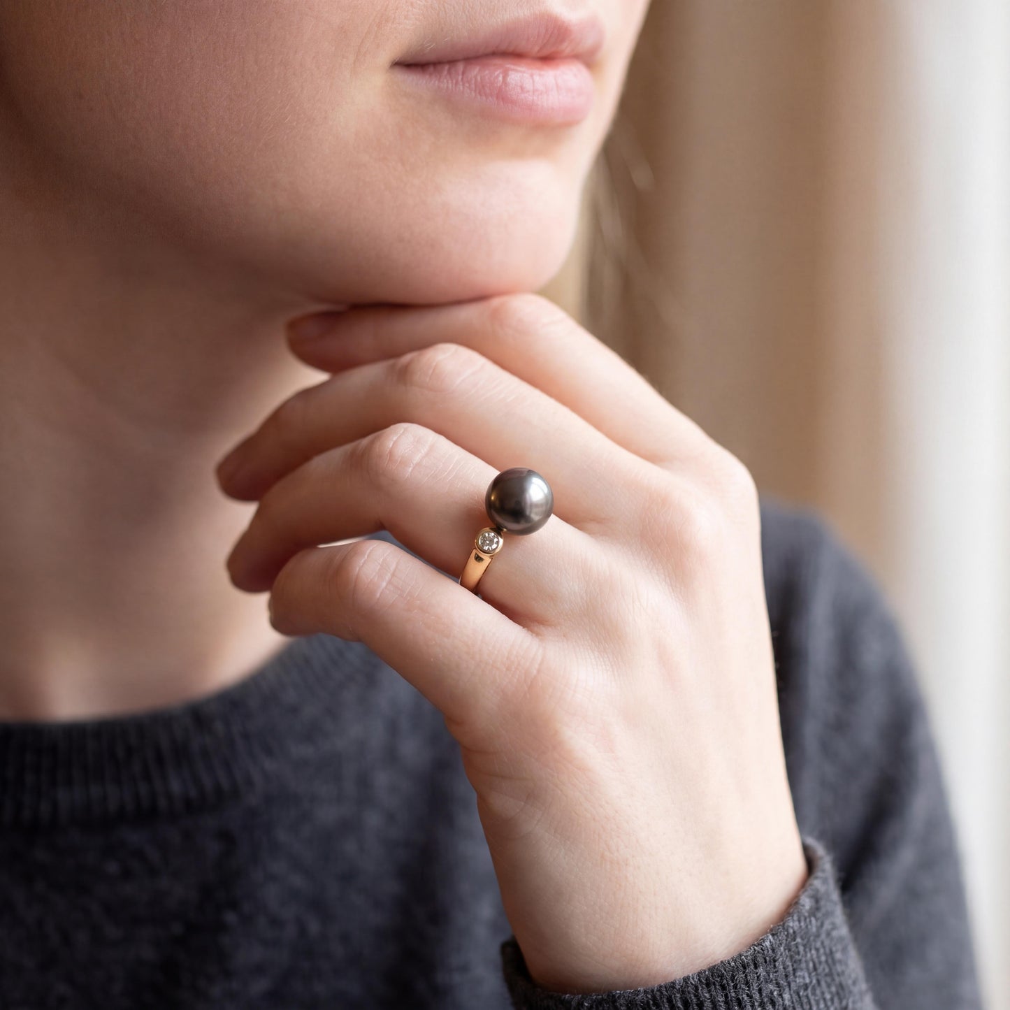 Late 20th Century 9.6mm Tahitian Cultured Pearl and Diamond Ring