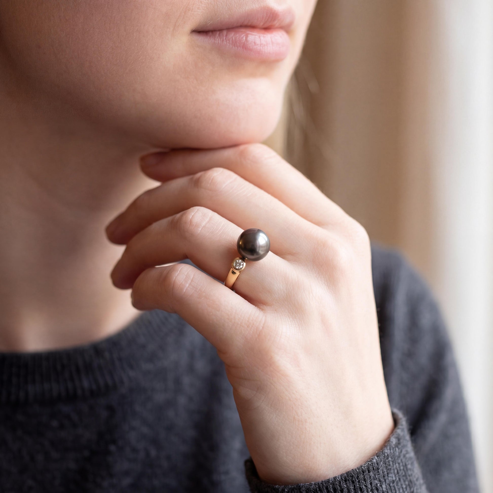 Late 20th Century 9.6mm Tahitian Cultured Pearl and Diamond Ring
