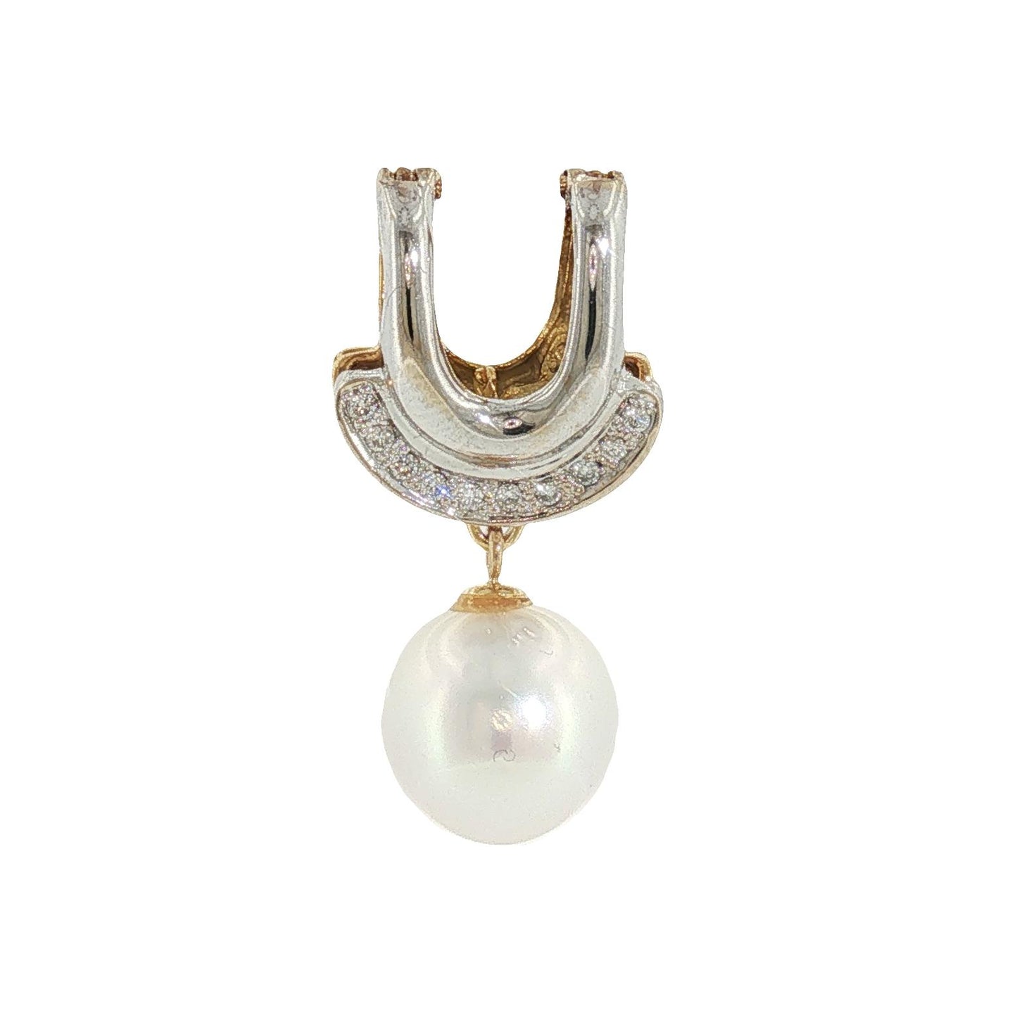 Late 20th Century 18k Two Tone Pearl and Diamond Two Sided Clip Pendant
