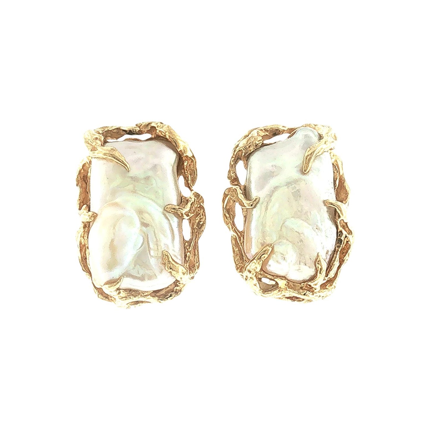 Mid-Century Brutalist 18k Yellow Gold Baroque Pearl Earrings