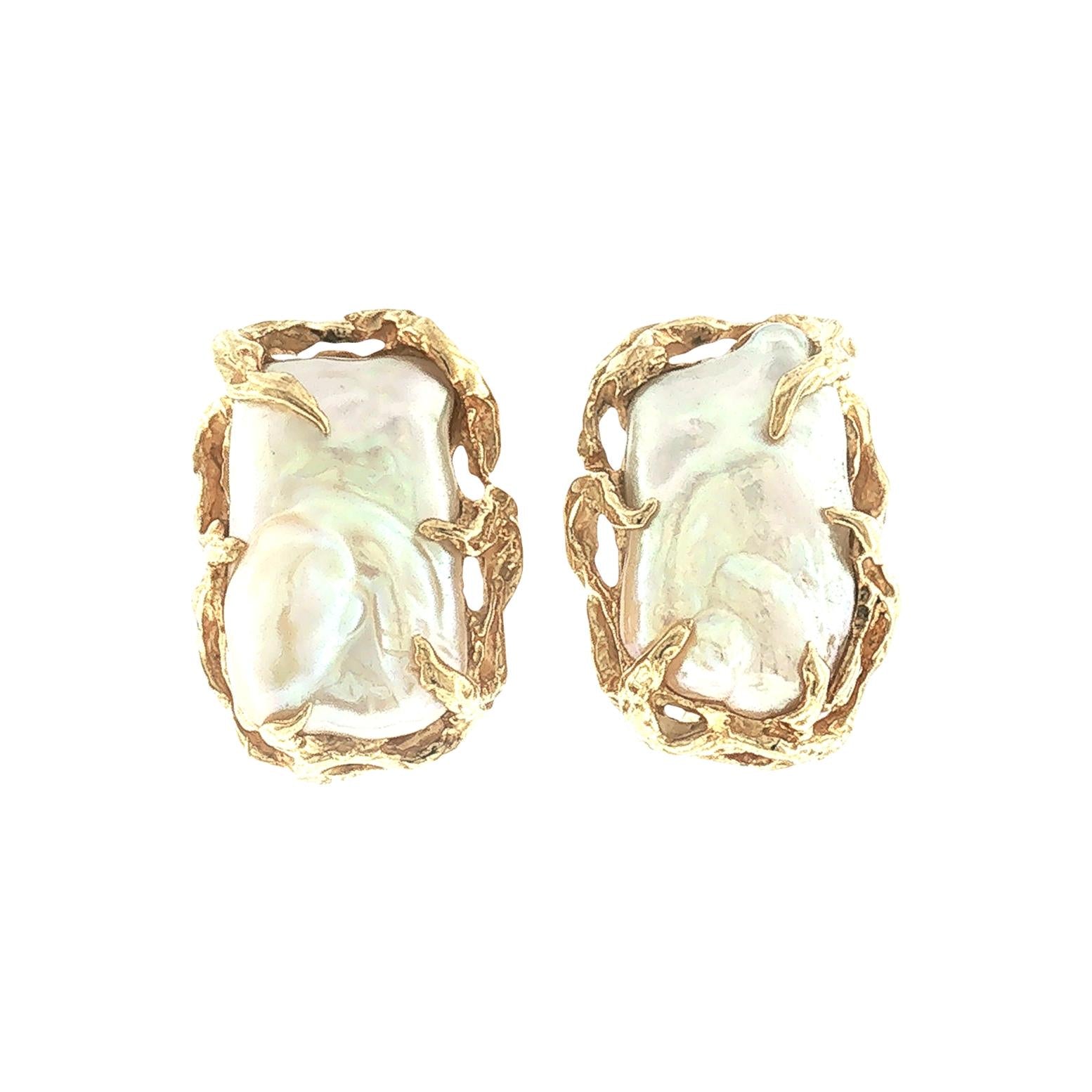 Mid-Century Brutalist 18k Yellow Gold Baroque Pearl Earrings