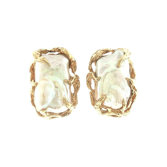 Mid-Century Brutalist 18k Yellow Gold Baroque Pearl Earrings