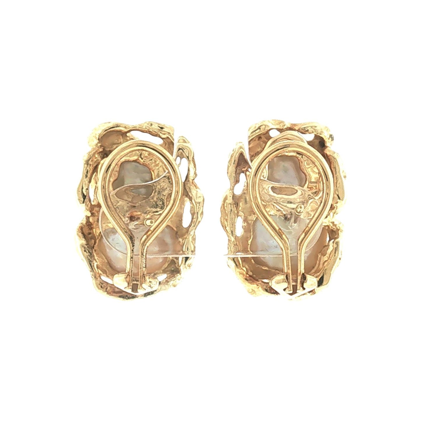 Mid-Century Brutalist 18k Yellow Gold Baroque Pearl Earrings
