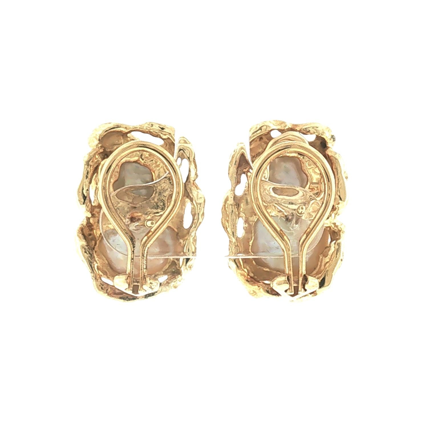Mid-Century Brutalist 18k Yellow Gold Baroque Pearl Earrings