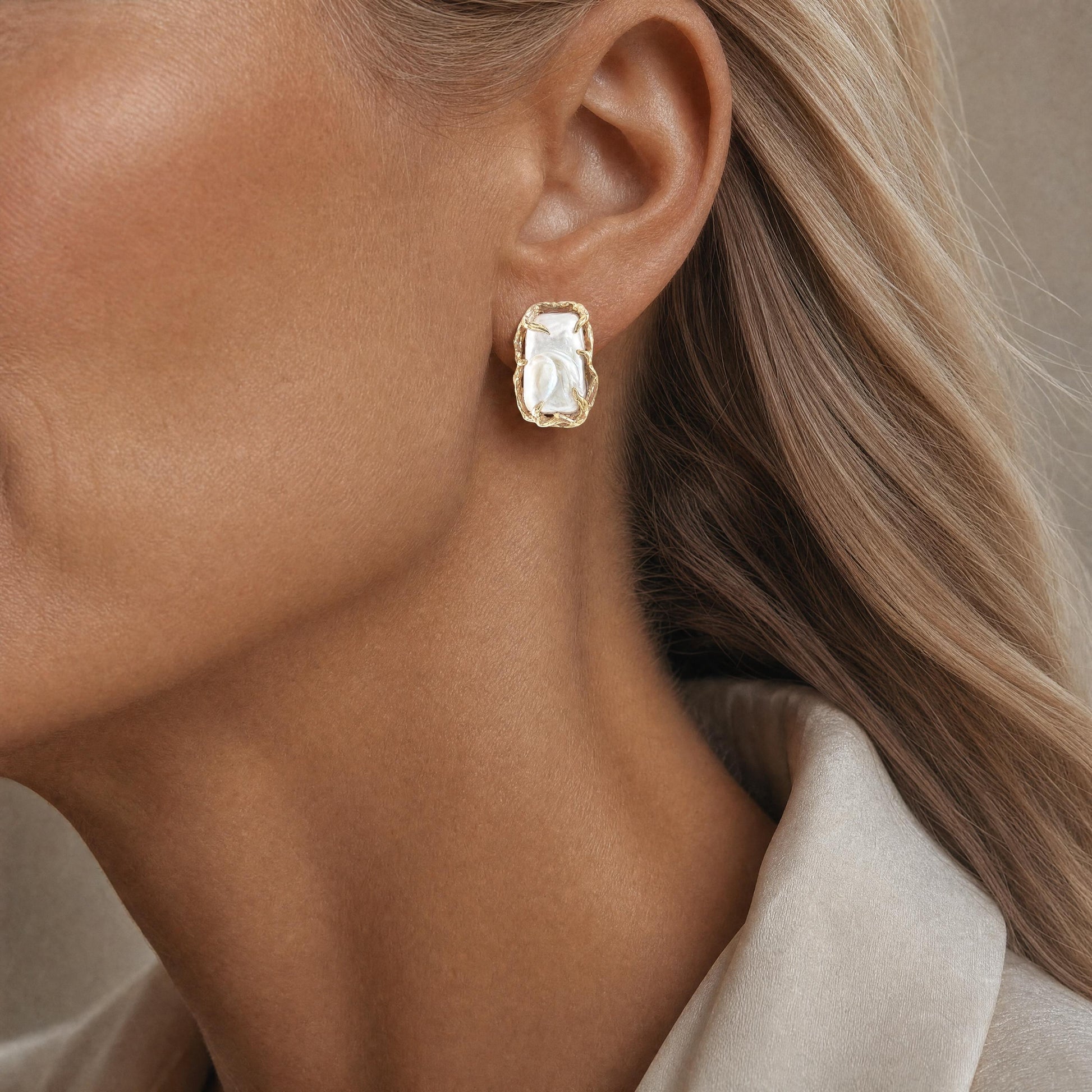 Mid-Century Brutalist 18k Yellow Gold Baroque Pearl Earrings