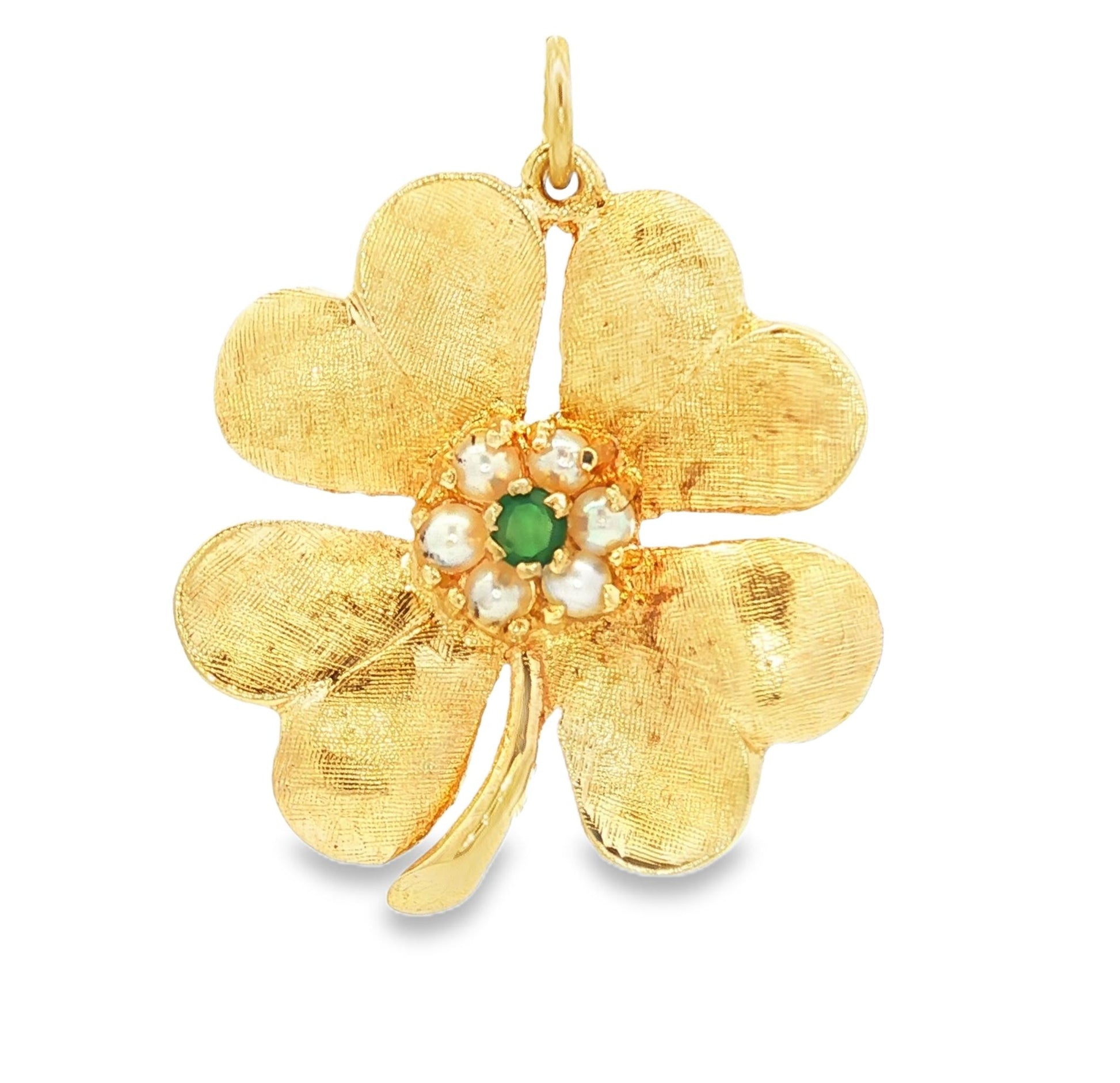 Vintage 14kyg Four Leaf Clover Charm with Cultured Pearls and Green Onyx