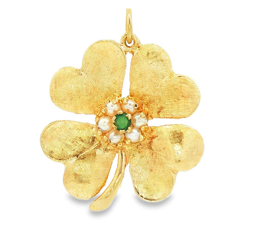 Vintage 14kyg Four Leaf Clover Charm with Cultured Pearls and Green Onyx