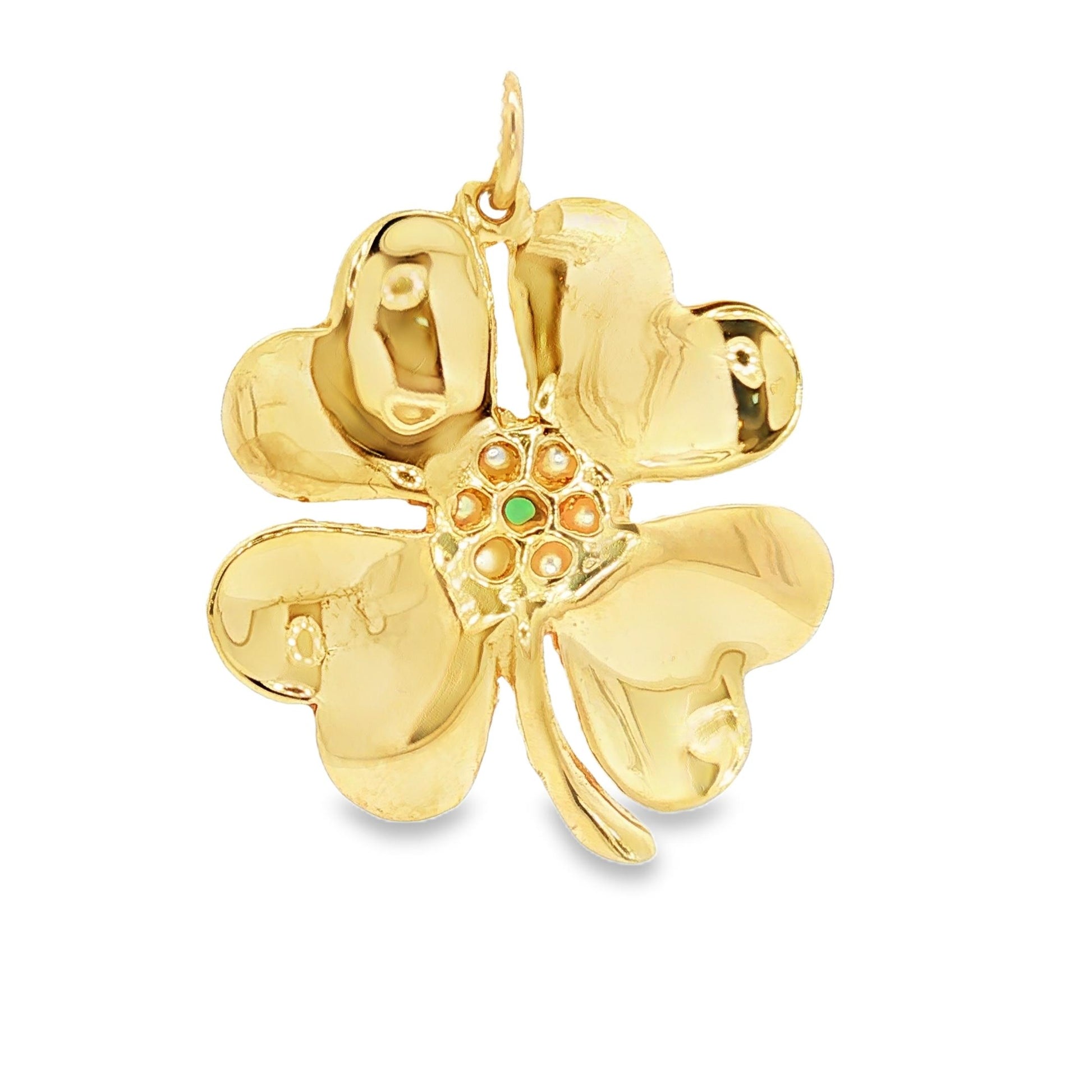 Vintage 14kyg Four Leaf Clover Charm with Cultured Pearls and Green Onyx