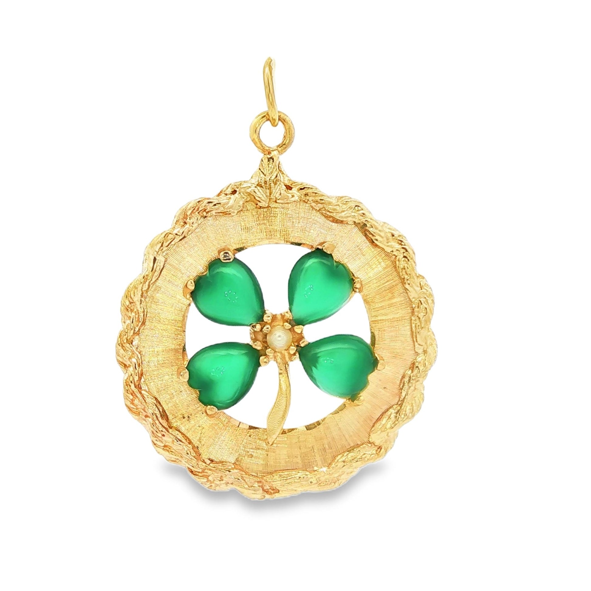 Vintage Four-leaf Clover Charm with Green Onyx and a Cultured Pearl