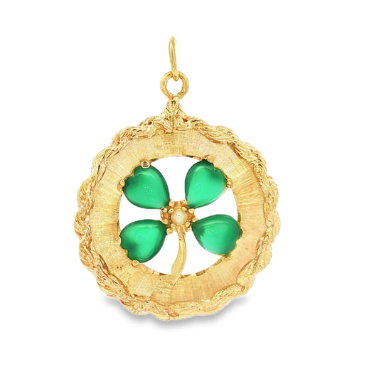 Vintage Four-leaf Clover Charm with Green Onyx and a Cultured Pearl