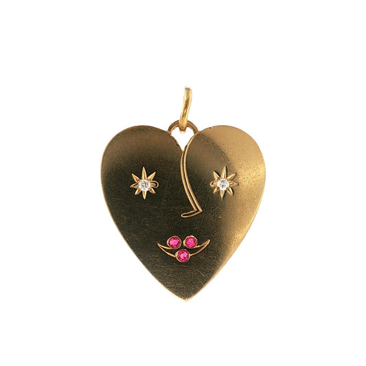 1940s 14k Yellow Gold Ruby and Diamond Heart Charm