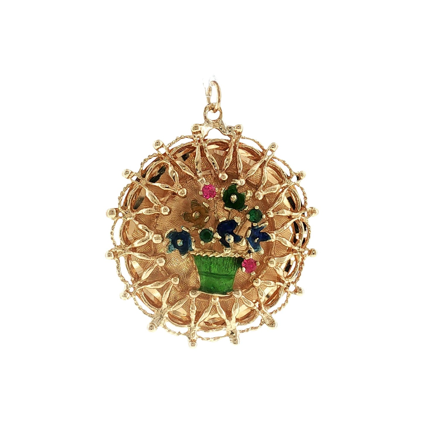 1960's 14 Karat Yellow Gold Flower Basket Charm with Synthetic Birthstones