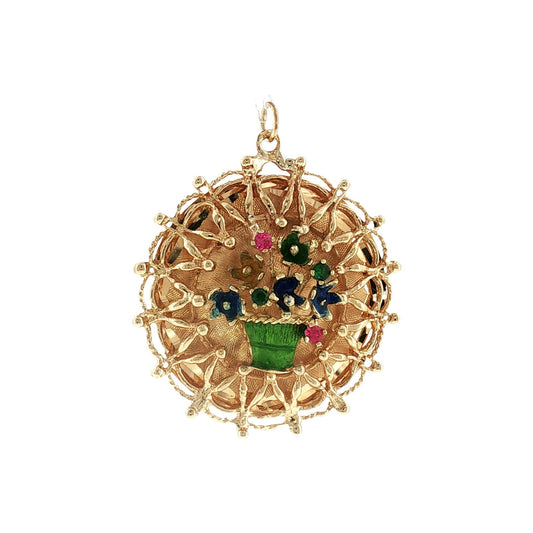 1960's 14 Karat Yellow Gold Flower Basket Charm with Synthetic Birthstones
