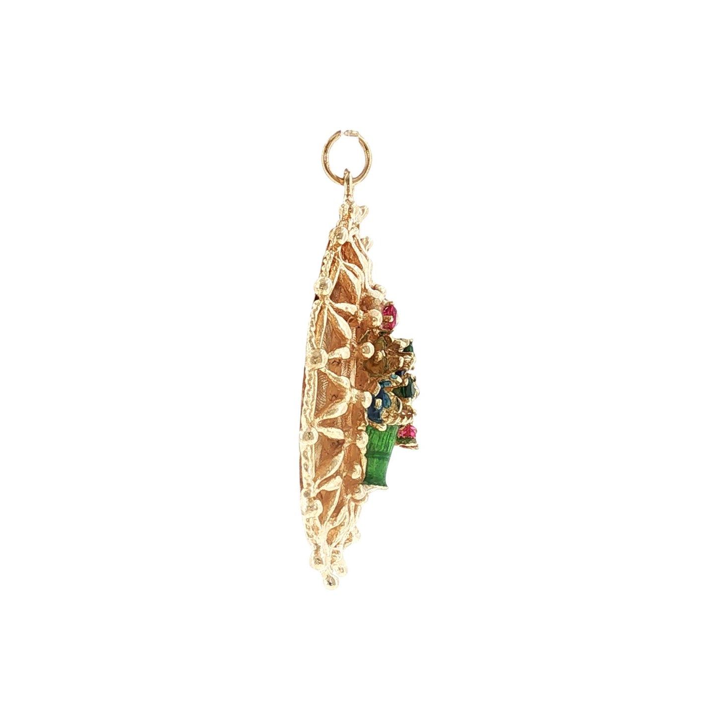 1960's 14 Karat Yellow Gold Flower Basket Charm with Synthetic Birthstones
