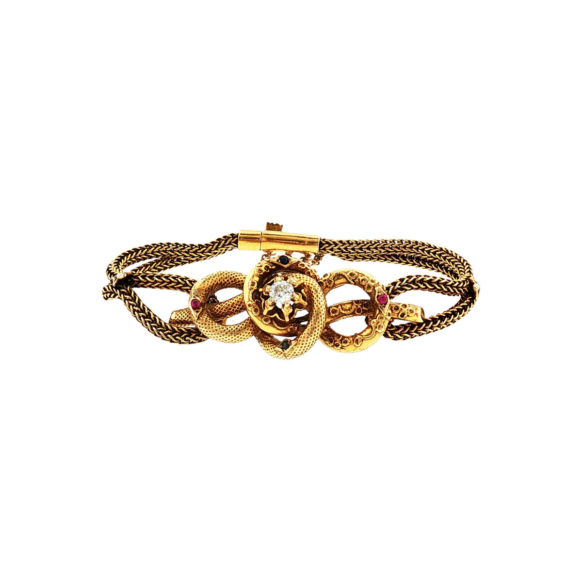 Late Victorian 14 Karat Gold Diamond, Ruby and Sapphire Bracelet
