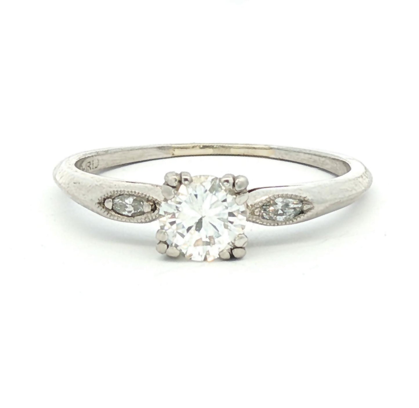 Platinum Mid-Century .50ct Transitional Cut Marquise Sides Diamond Eng. Ring