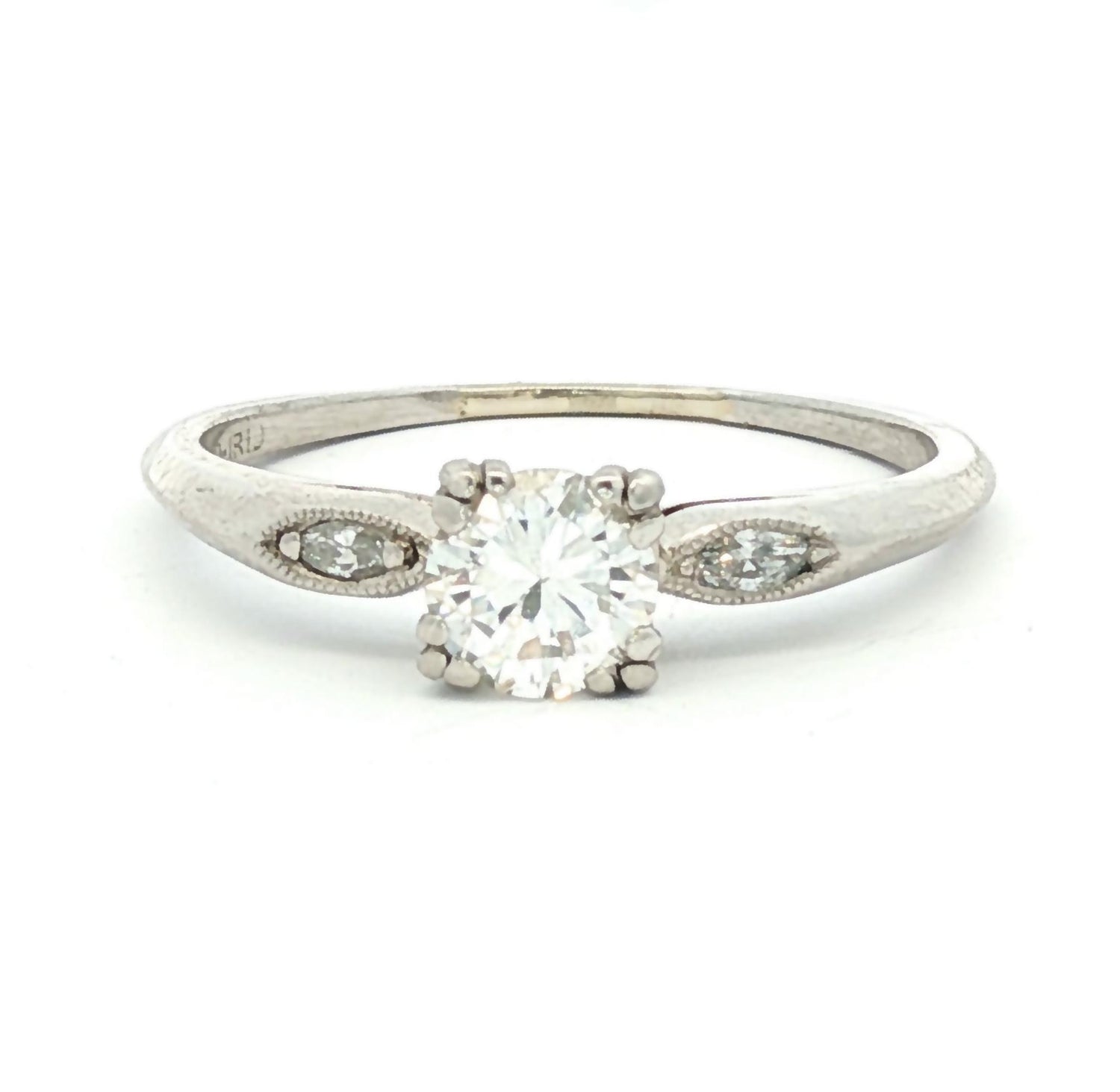 Platinum Mid-Century .50ct Transitional Cut Marquise Sides Diamond Eng. Ring