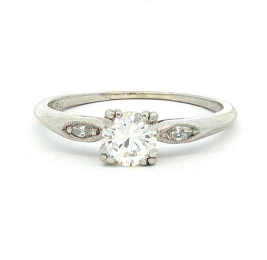 Platinum Mid-Century .50ct Transitional Cut Marquise Sides Diamond Eng. Ring