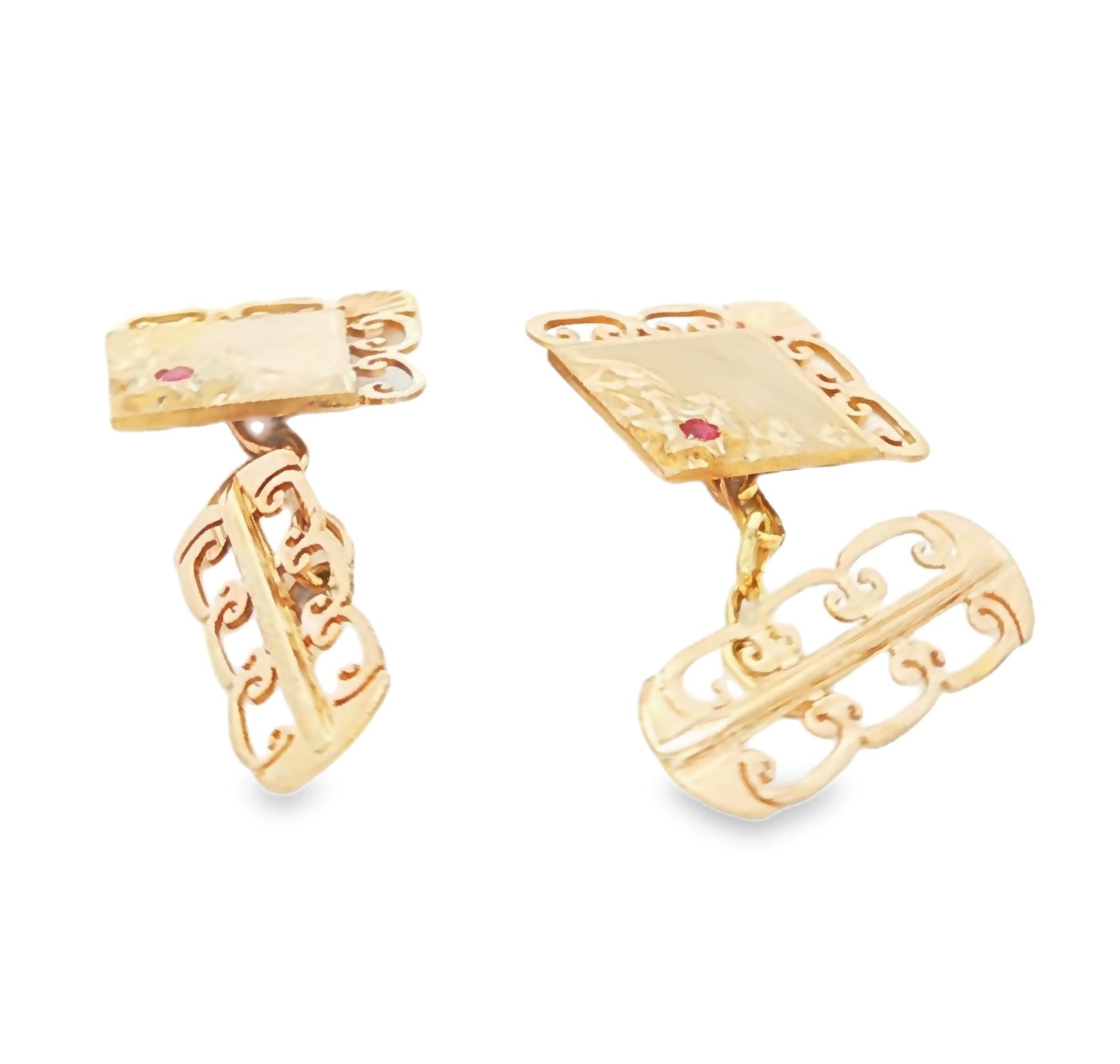 14k yellow gold Lacey Red Glass Stones Cufflinks