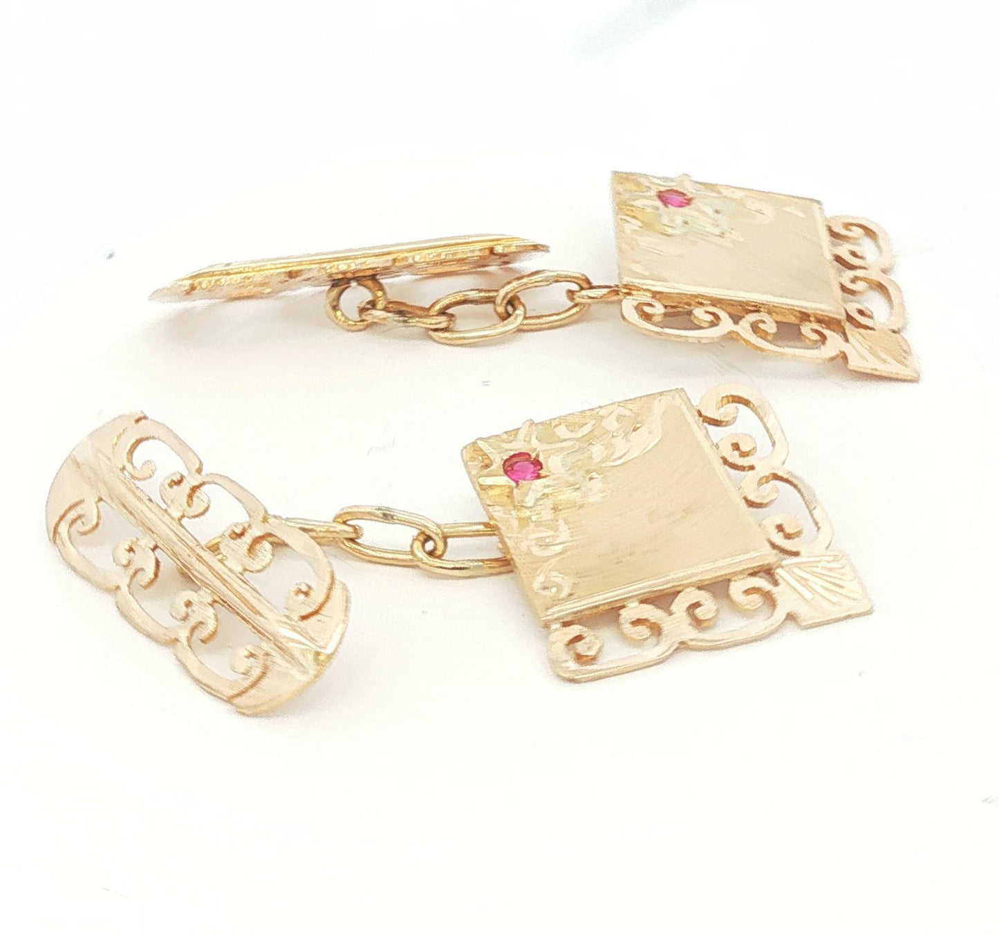 14k yellow gold Lacey Red Glass Stones Cufflinks