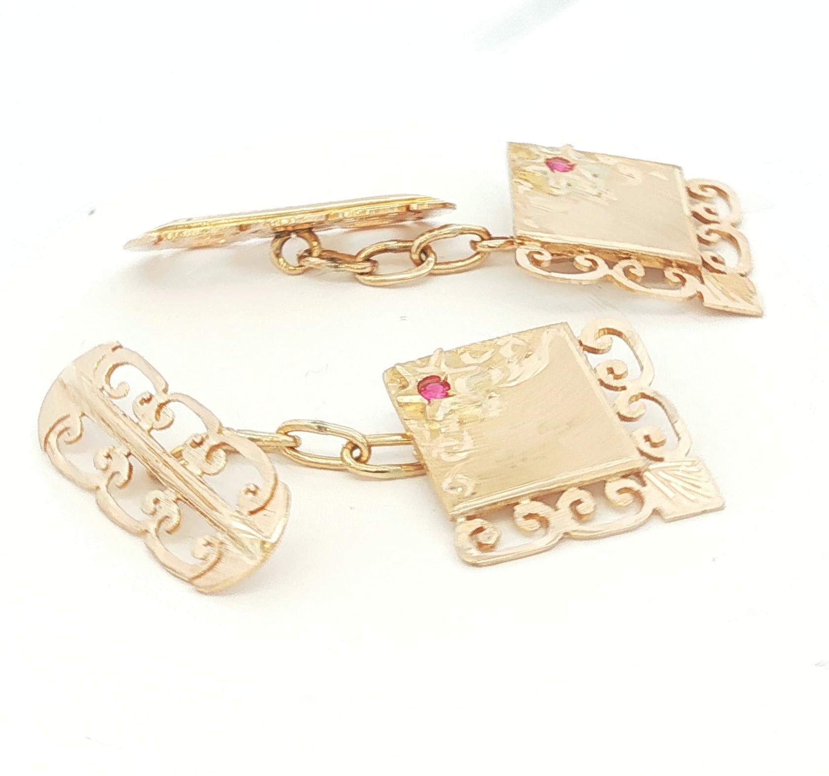 14k yellow gold Lacey Red Glass Stones Cufflinks