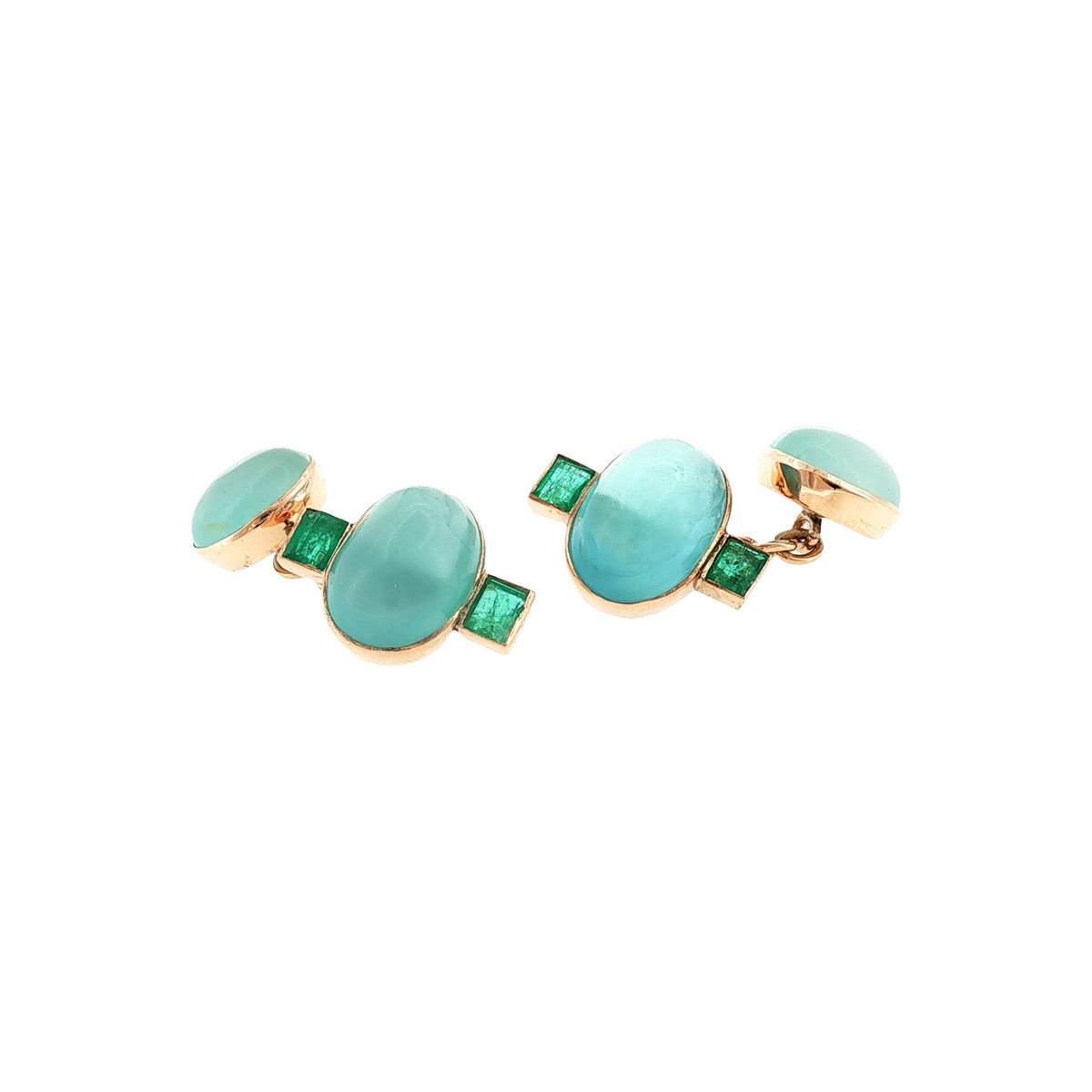 Mid-Century 7 Karat Yellow Gold Cab Aqua and Emerald Cuff Links