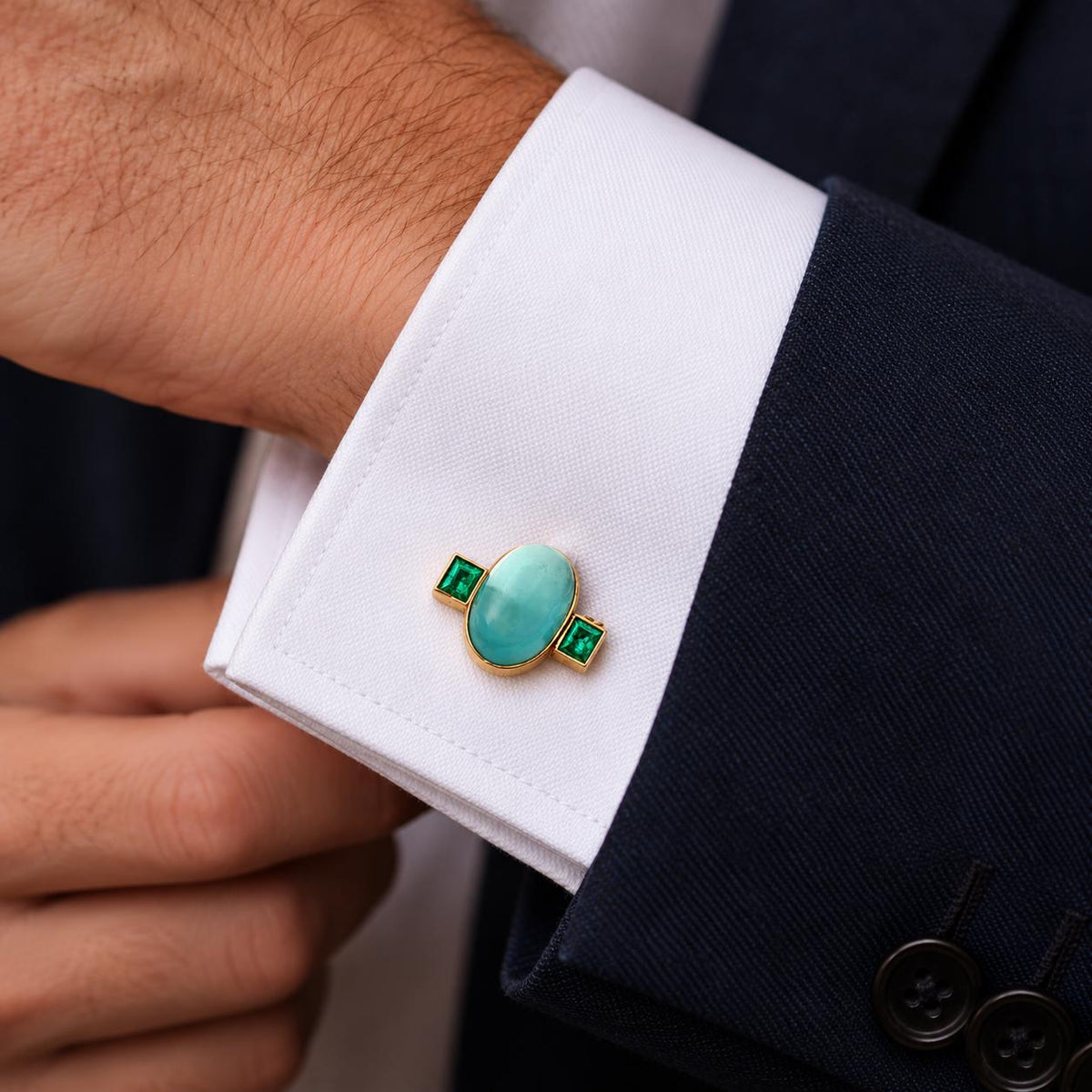Mid-Century 7 Karat Yellow Gold Cab Aqua and Emerald Cuff Links