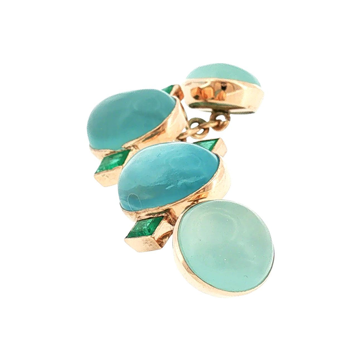 Mid-Century 7 Karat Yellow Gold Cab Aqua and Emerald Cuff Links