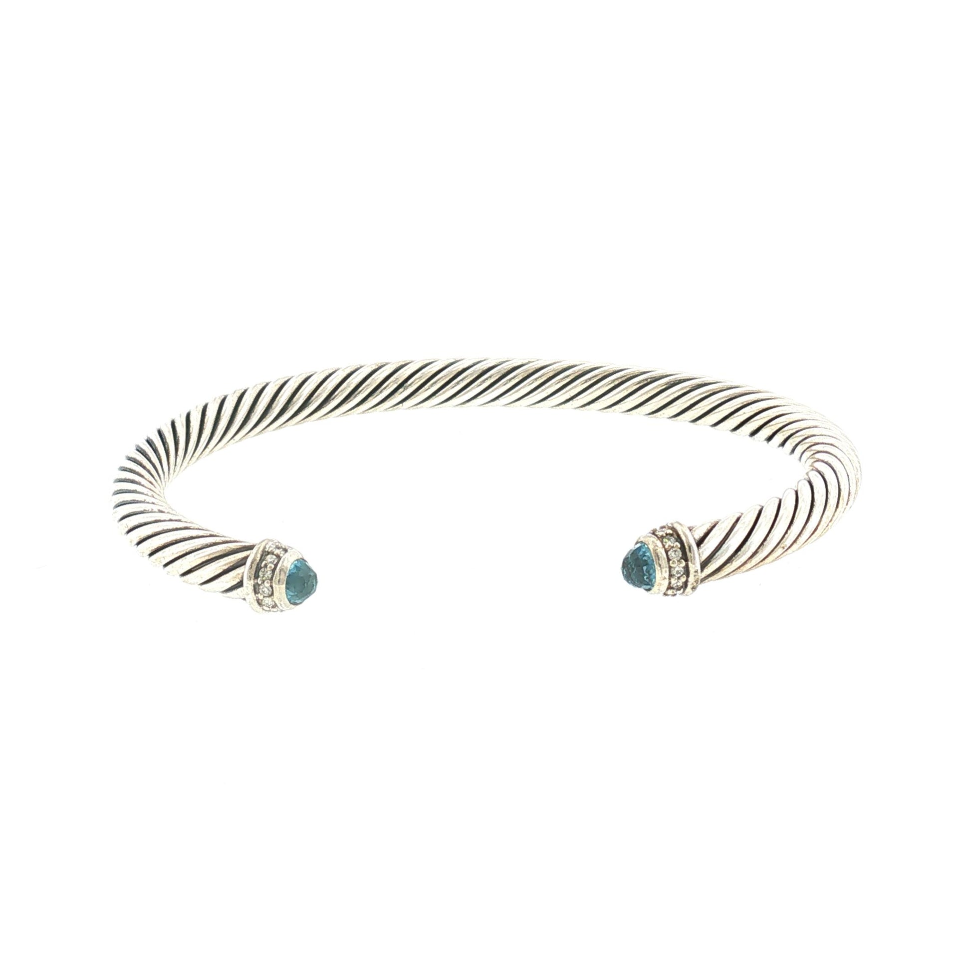 Modern Yurman Sterling Silver, Blue Topaz and Diamond Classic Cable Bracelet