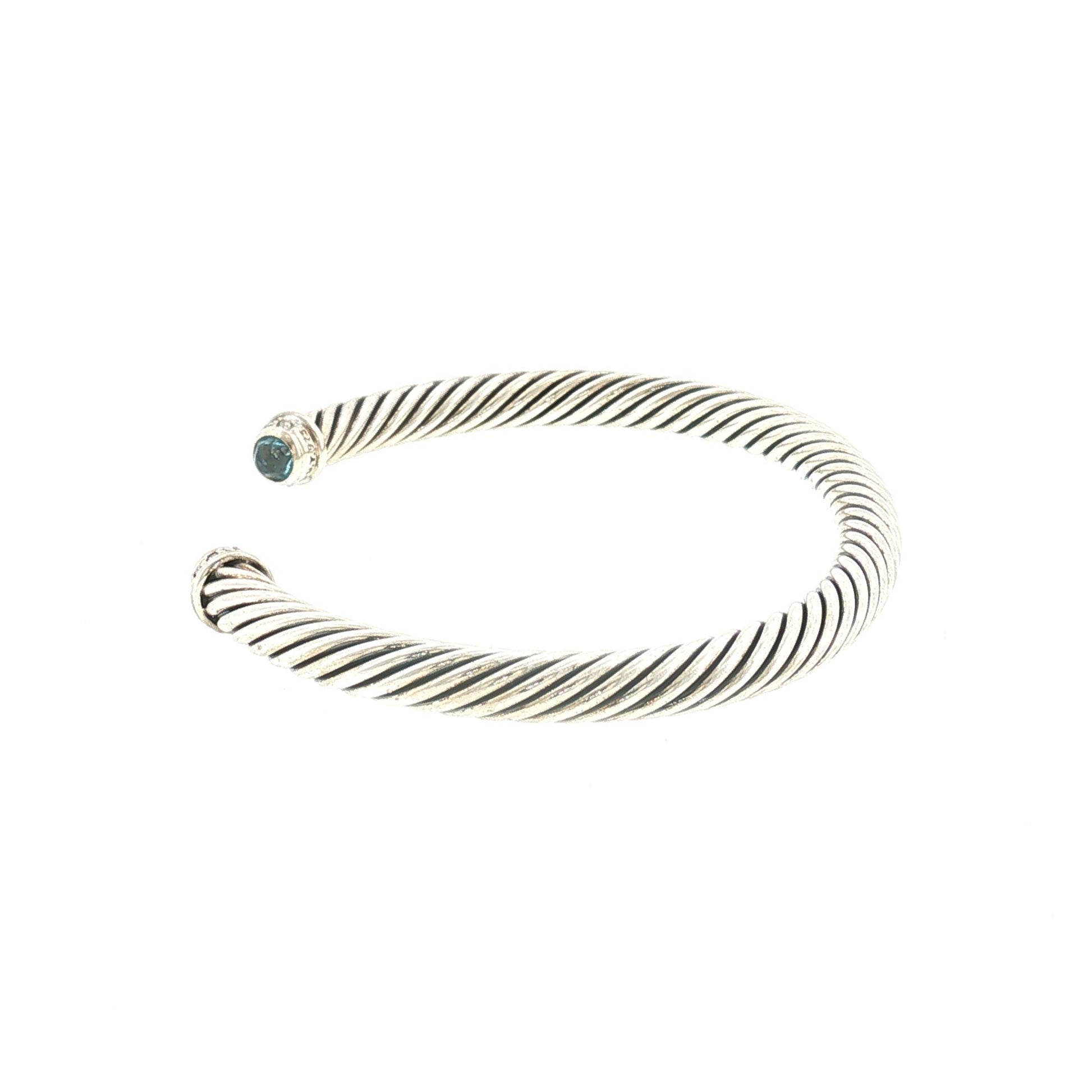 Modern Yurman Sterling Silver, Blue Topaz and Diamond Classic Cable Bracelet