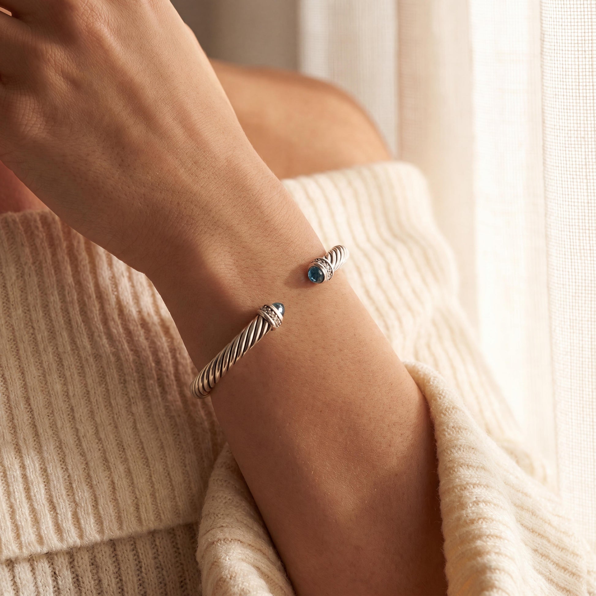 Modern Yurman Sterling Silver, Blue Topaz and Diamond Classic Cable Bracelet