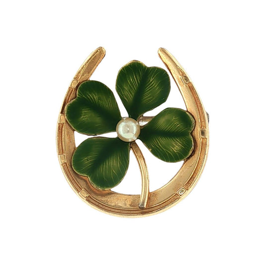 1960's Yellow Gold Filled Krementz Horseshoe and Enameled Shamrock Pin