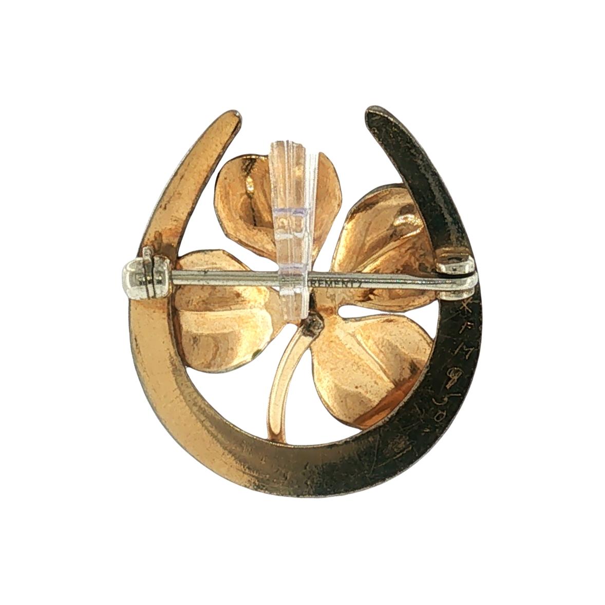 1960's Yellow Gold Filled Krementz Horseshoe and Enameled Shamrock Pin