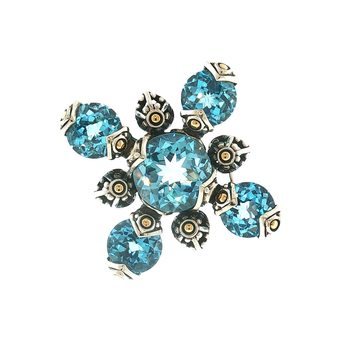 Late 20th-Century John Hardy Sterling and 18 Karat Blue Topaz Cross Brooch
