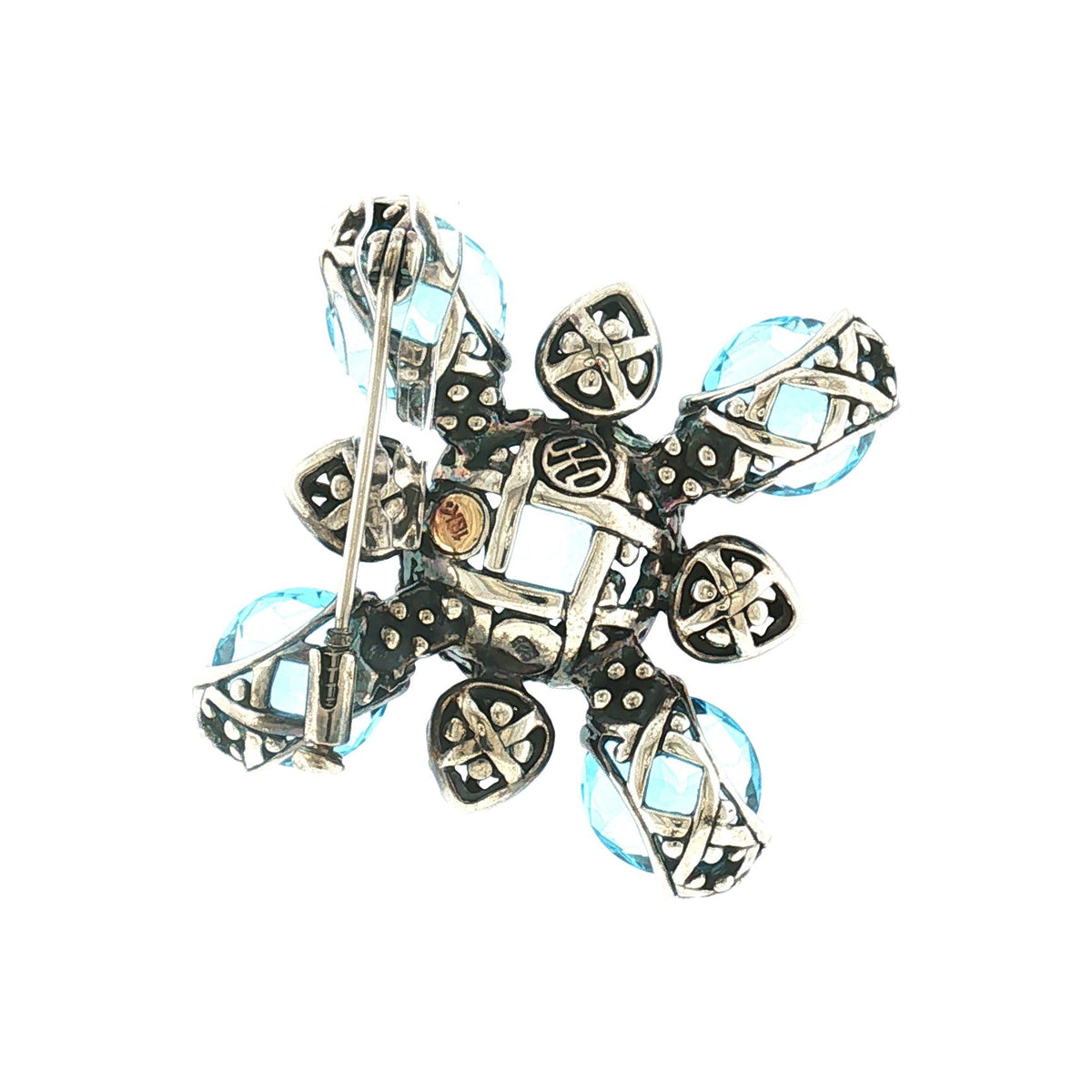 Late 20th-Century John Hardy Sterling and 18 Karat Blue Topaz Cross Brooch
