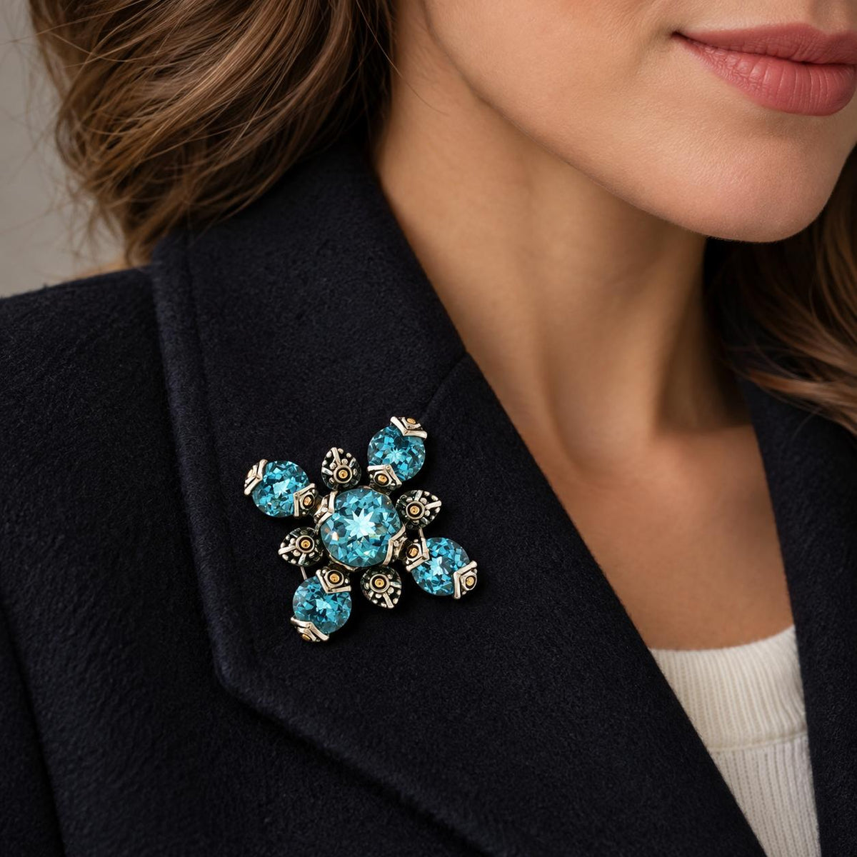 Late 20th-Century John Hardy Sterling and 18 Karat Blue Topaz Cross Brooch