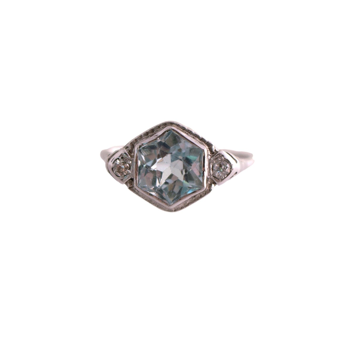 Hexagonal Aqua 2 Diamond 14k White Gold 1930's Filigree Ring